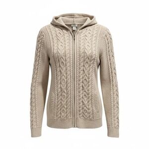 LLBean Women Beige Cable Knit Full Zip Hooded Sweater Jacket Size M